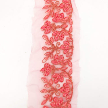 Pink Net Fabric Lace Trim with Floral Embroidery, Lace Trim, Sari Border